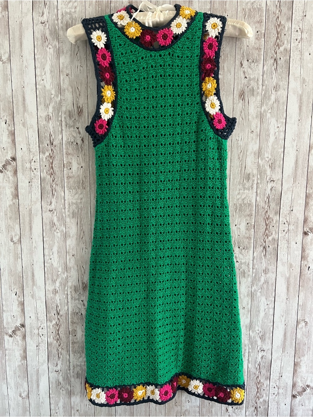 Zara Green Crochet Floral Mini Dress with Multicolor Floral Trim Small